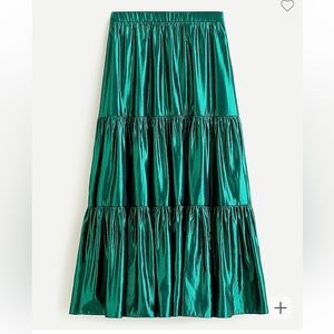 NWT J Crew Tiered Maxi Skirt in Metallic Green Lamé size Medium